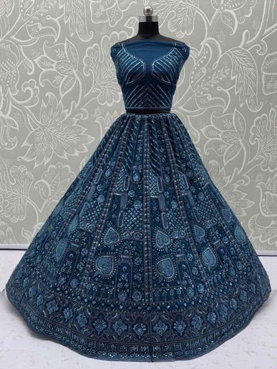 Adorning Blue Net Embroidered Designer Lehenga Choli With Dupatta